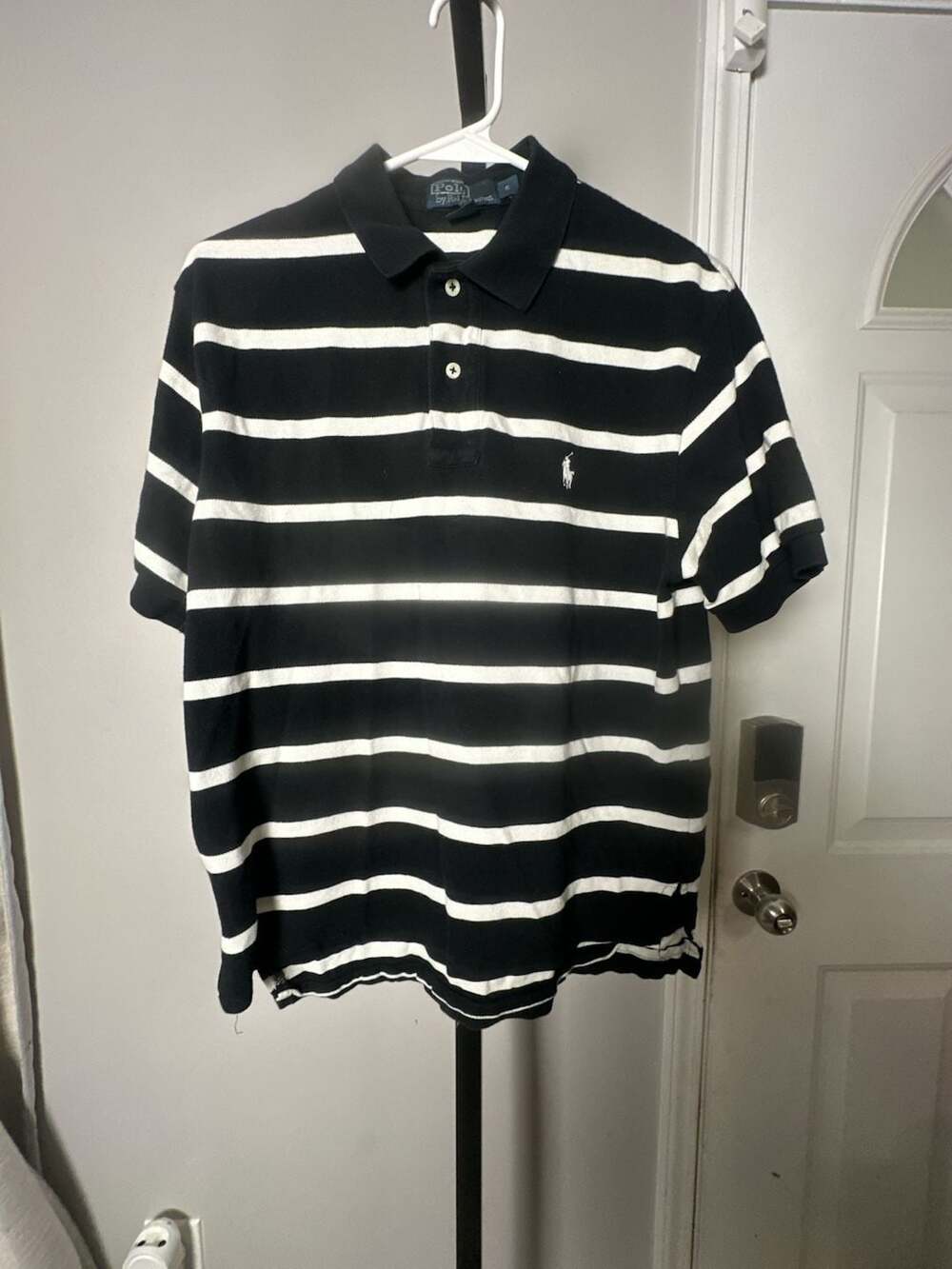 Polo by Ralph Lauren Men's Black and White Striped Cotton Pique Polo Shirt#948